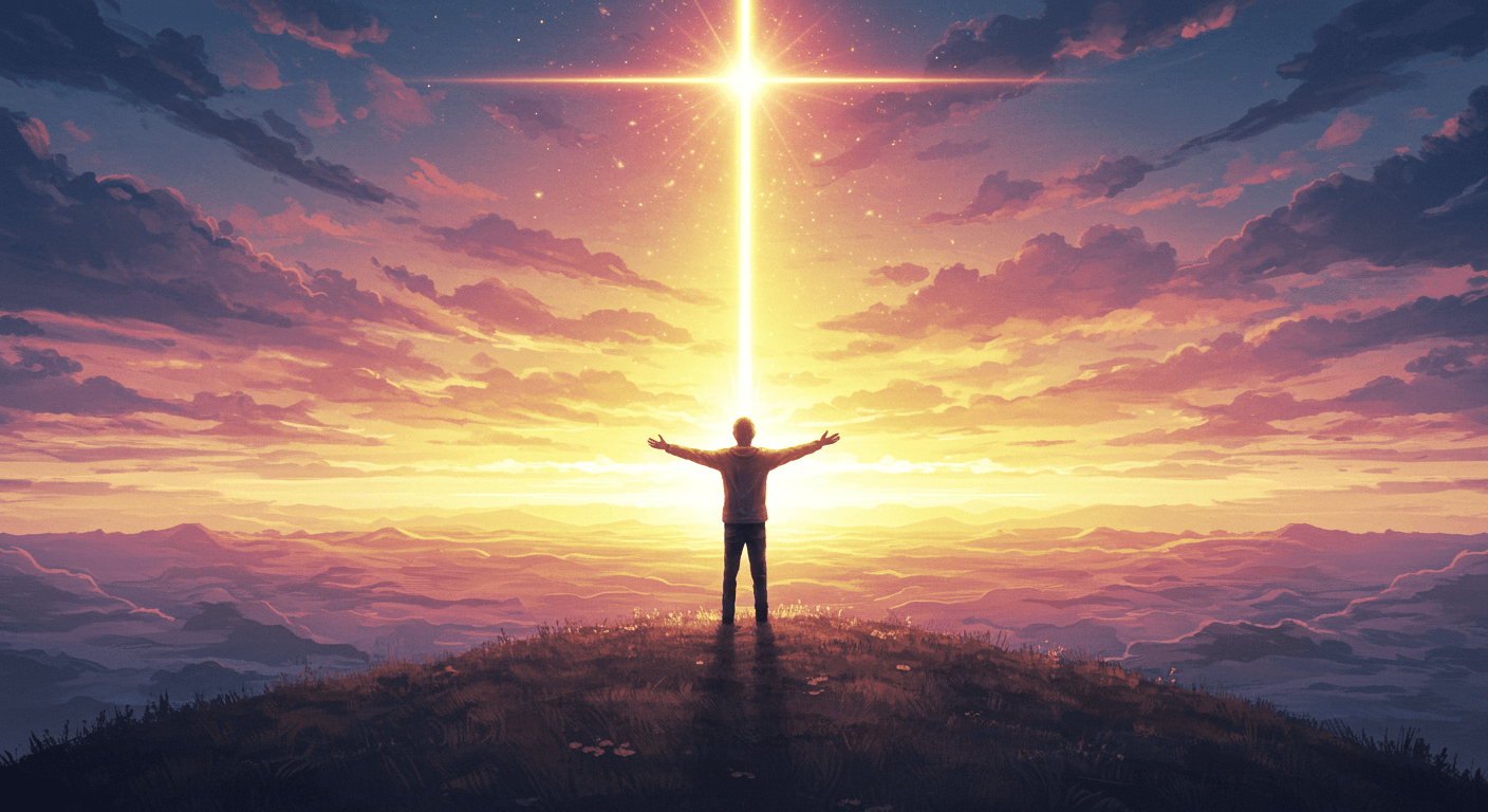 Pessoa de braços abertos no alto de uma colina, recebendo a luz do céu ao pôr do sol, representando expansão de consciência e liberdade.