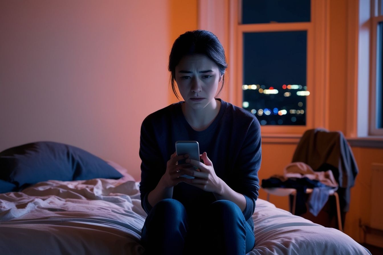 Mulher sentada sozinha na cama, olhando o celular com tristeza, representando carência emocional e comparação nas redes sociais.