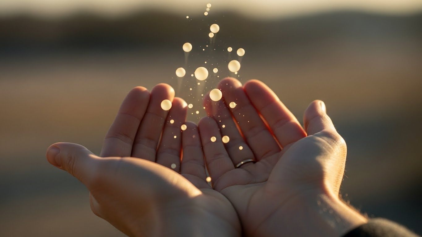 Par de mãos abertas liberando pequenas esferas de luz que flutuam no ar, em ambiente externo com luz suave. Par de mãos abertas liberando pequenas esferas de luz que flutuam no ar, em ambiente externo com luz suave.