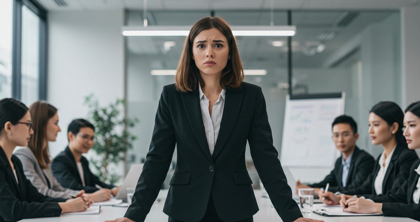 Mujer de negocios se siente insegura de si misma a pesar de sus exitos Mujer de negocios se siente insegura de si misma a pesar de sus exitos