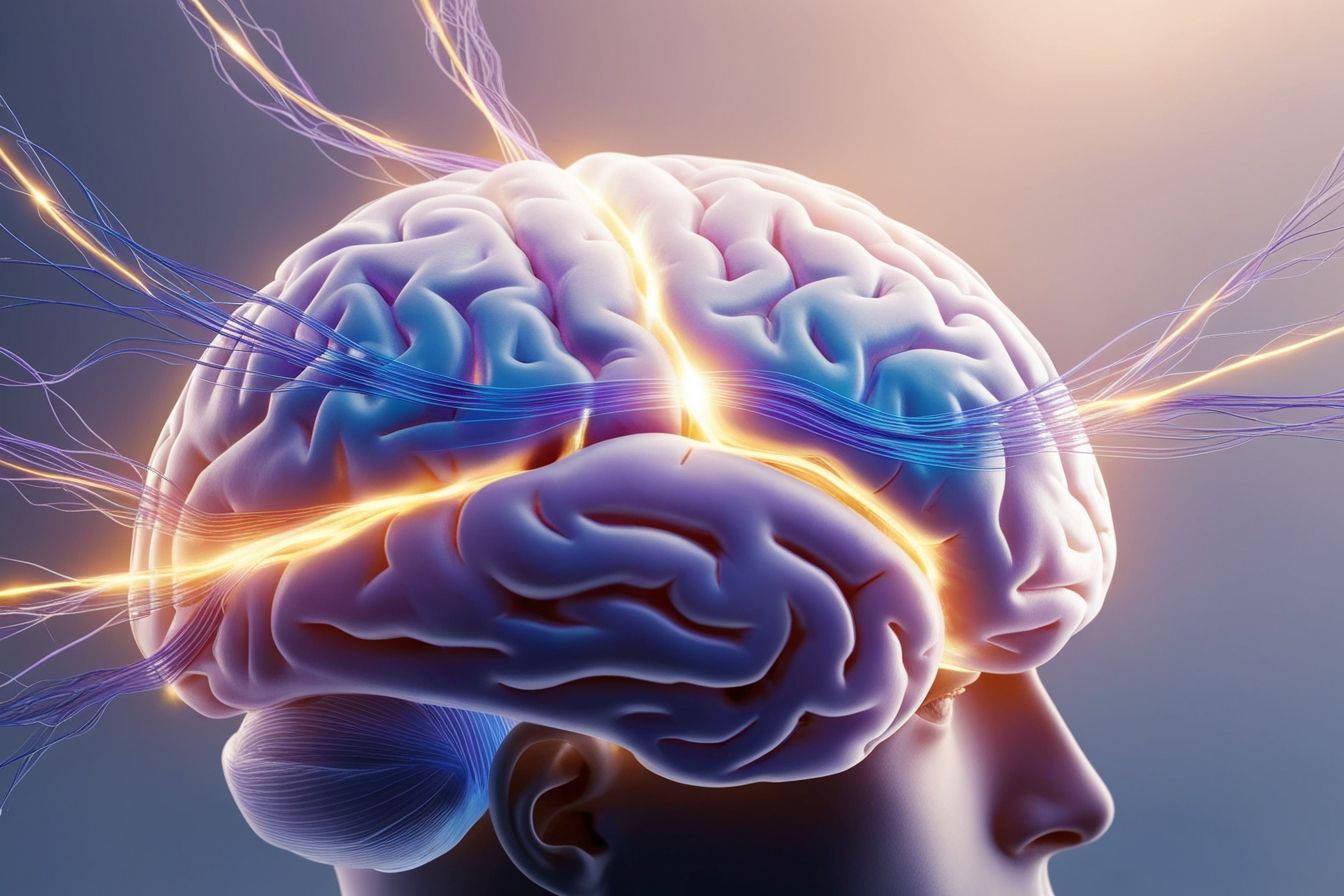 Cérebro em destaque com conexões elétricas, representando a neuroplasticidade e a reprogramação dos padrões mentais. Cérebro em destaque com conexões elétricas, representando a neuroplasticidade e a reprogramação dos padrões mentais.