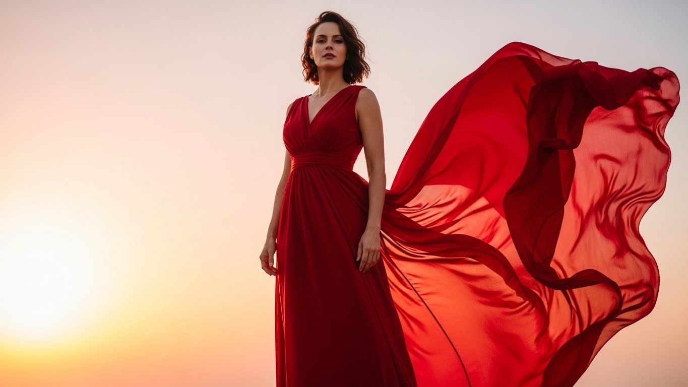 Mulher em pé usando um vestido vermelho esvoaçante ao pôr do sol, transmitindo força, movimento, coragem e novos começos para o ano de 2026.
