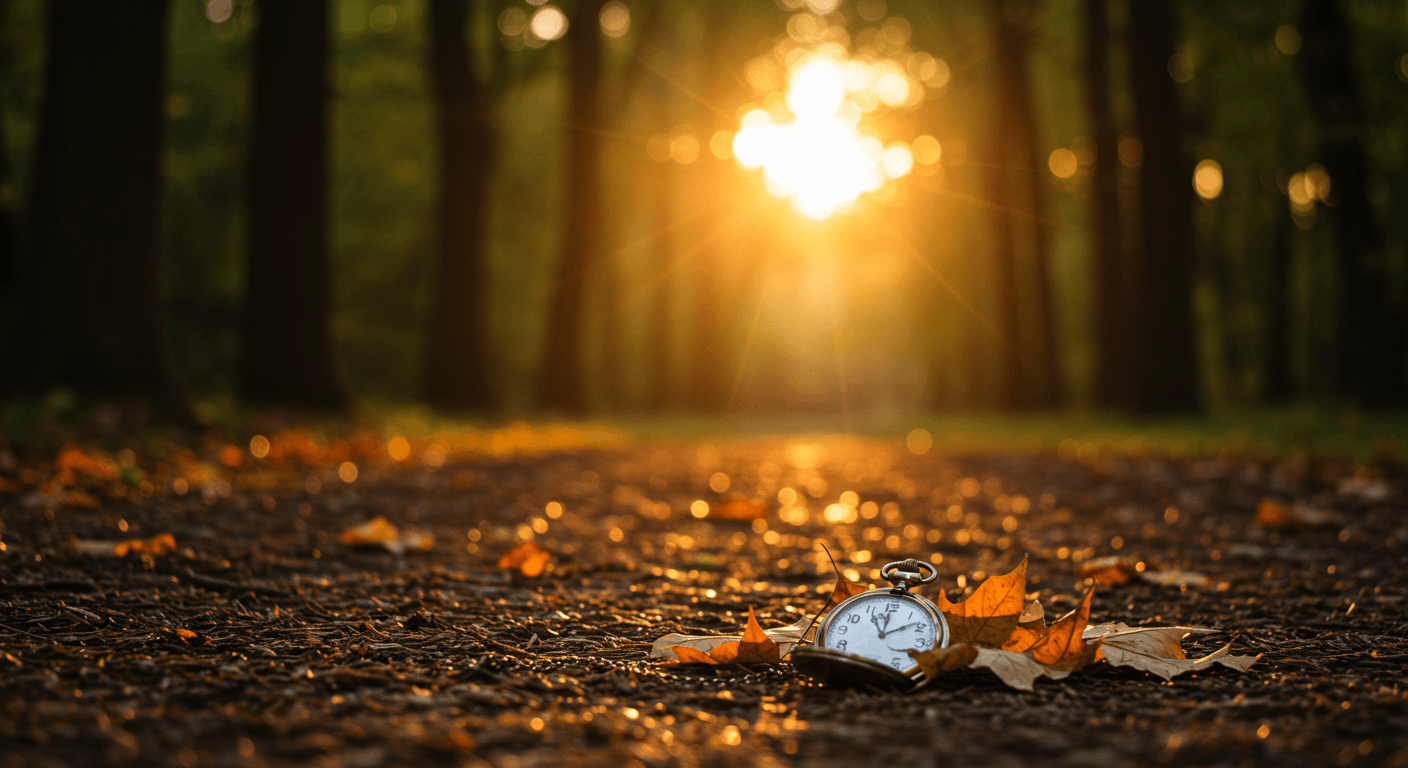 Relógio de bolso entre folhas secas em um caminho de floresta iluminado pelo sol dourado no fim da tarde. Relógio de bolso entre folhas secas em um caminho de floresta iluminado pelo sol dourado no fim da tarde.