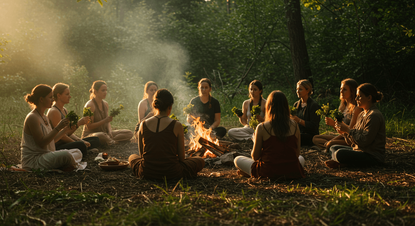 Grupo de pessoas sentadas em círculo ao redor de uma fogueira na floresta, segurando ramos verdes em um ritual ao pôr do sol.