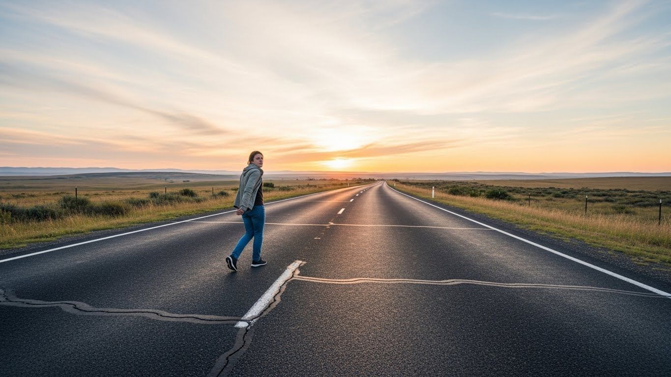 Pessoa atravessando uma estrada aberta ao pôr do sol, olhando para trás antes de seguir adiante, simbolizando o momento de decisão entre insistir ou escolher a si mesma.