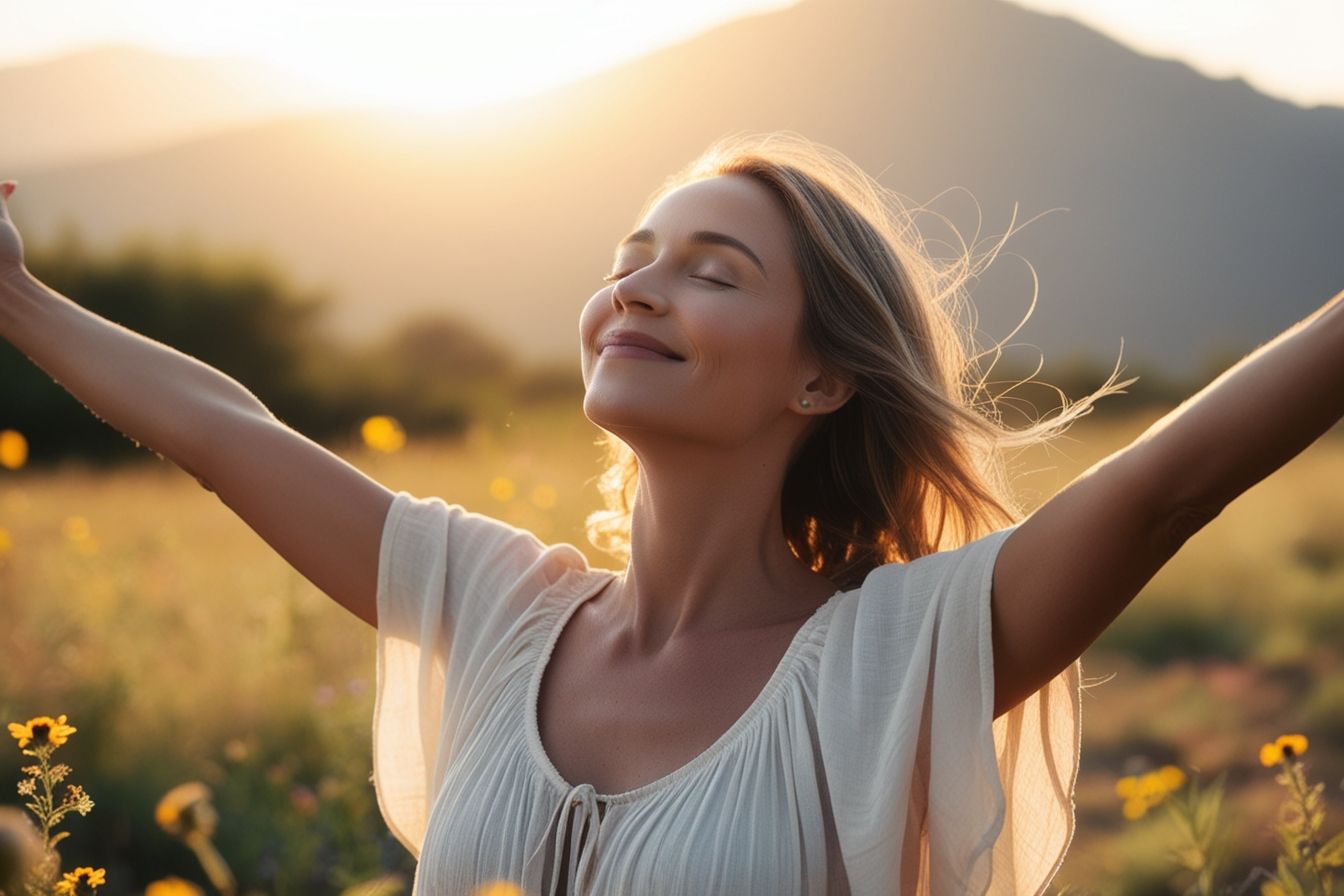 Mulher sorridente de braços abertos em um campo florido ao nascer do sol, simbolizando liberdade, amor-próprio e reconexão interior.