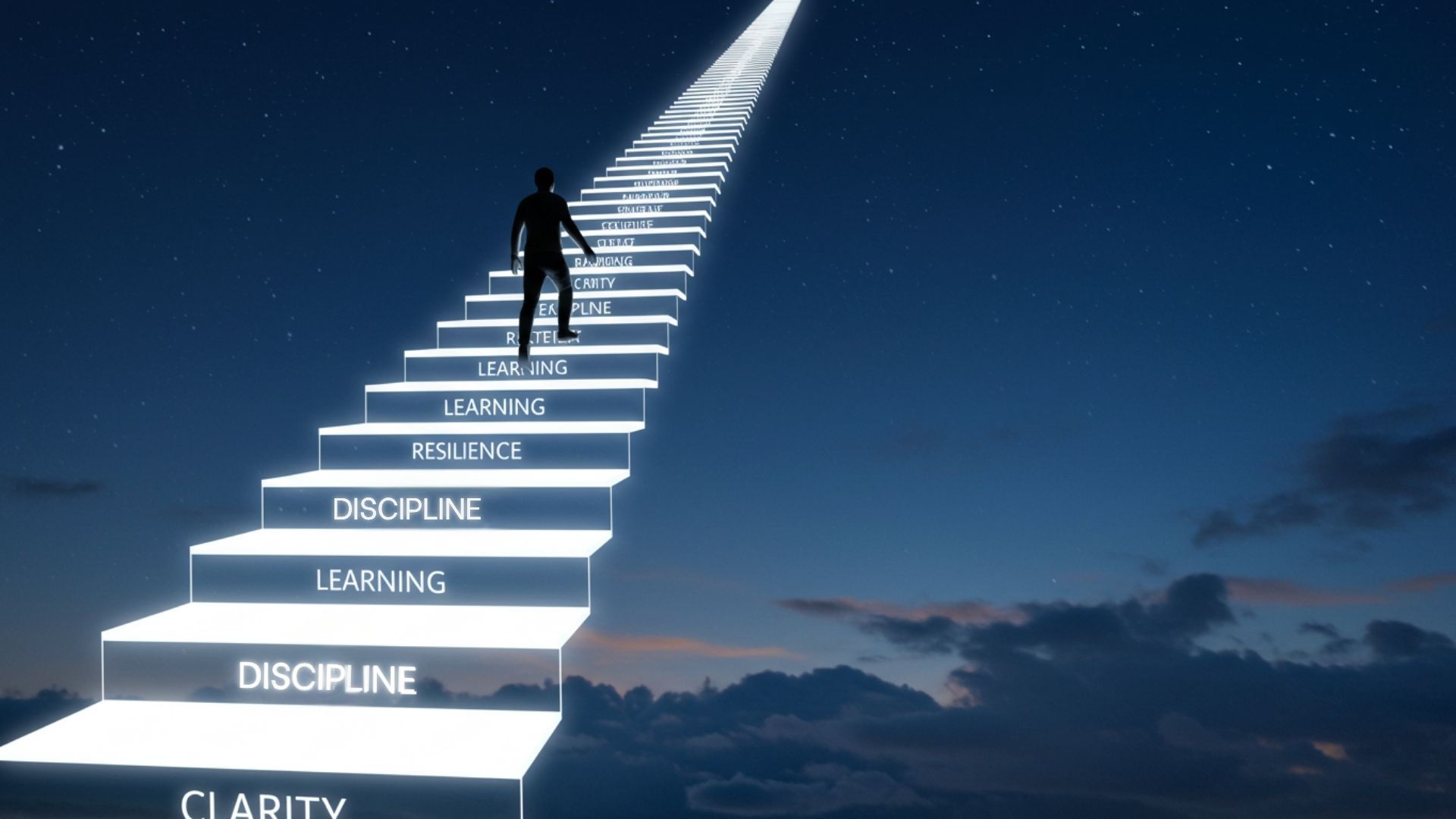 Figura subindo uma escada luminosa com palavras como disciplina, resiliência e clareza, simbolizando evolução contínua e mudança de mentalidade.