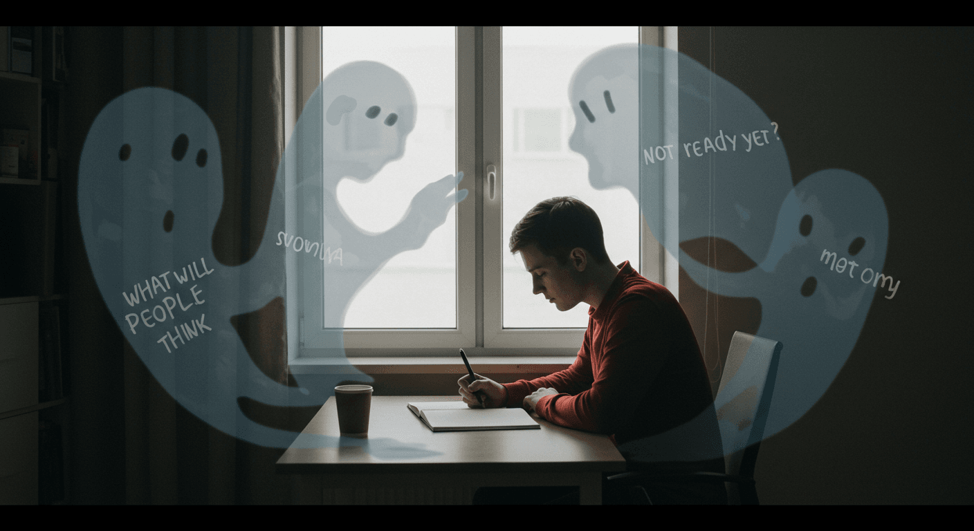 Jovem sentado à mesa com caderno, cercado por sombras que representam frases de julgamento e insegurança, refletindo medo e procrastinação.