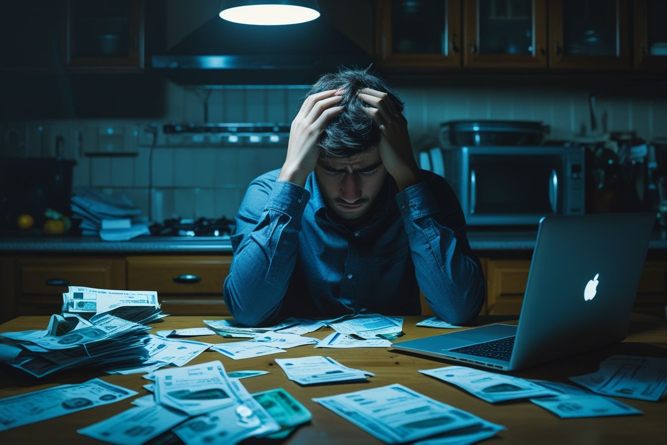 Homem sentado à mesa à noite, cercado de contas e dinheiro, com expressão de angústia e cansaço diante do notebook.