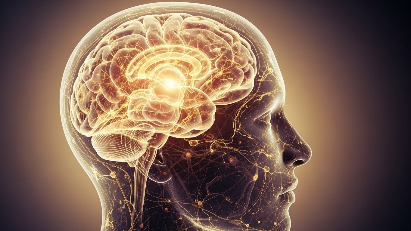 Perfil humano translúcido com o cérebro visível, iluminado por conexões neurais douradas, representando atividade cerebral, consciência e funcionamento do sistema nervoso. Perfil humano translúcido com o cérebro visível, iluminado por conexões neurais douradas, representando atividade cerebral, consciência e funcionamento do sistema nervoso.
