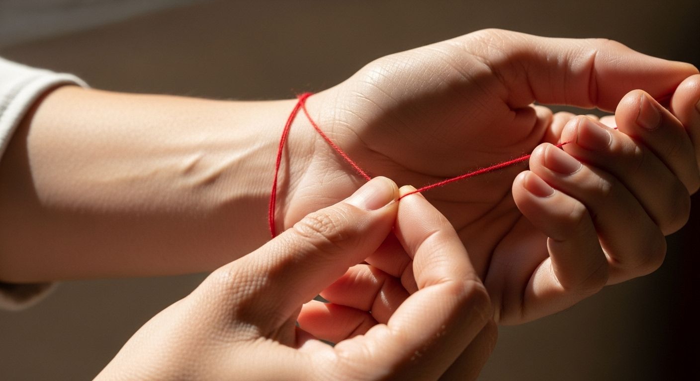 Mãos amarrando ou segurando um fio vermelho no pulso, simbolizando laços, vínculos emocionais ou padrões que prendem a pessoa.