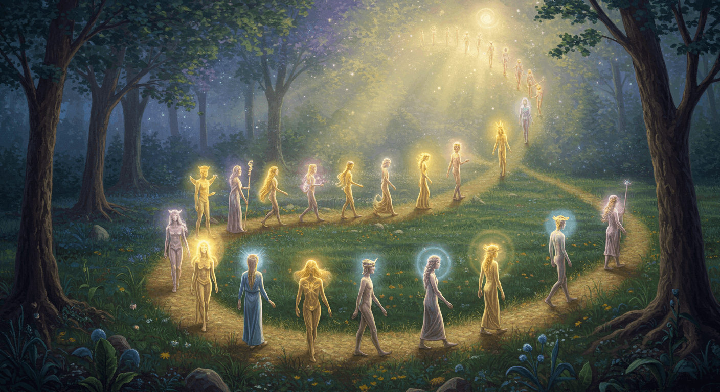 Representação artística dos 22 arquétipos do Tarô Maior caminhando em espiral por uma floresta mágica, simbolizando a jornada interior da alma. Representação artística dos 22 arquétipos do Tarô Maior caminhando em espiral por uma floresta mágica, simbolizando a jornada interior da alma.