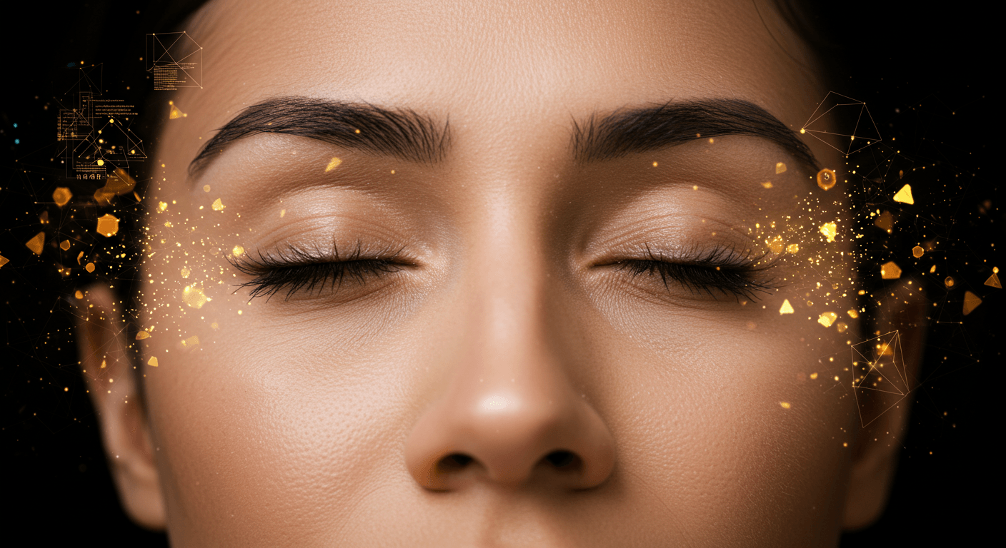 Rosto de mulher de olhos fechados cercado por partículas douradas e formas geométricas, representando visualização criativa e expansão da mente.