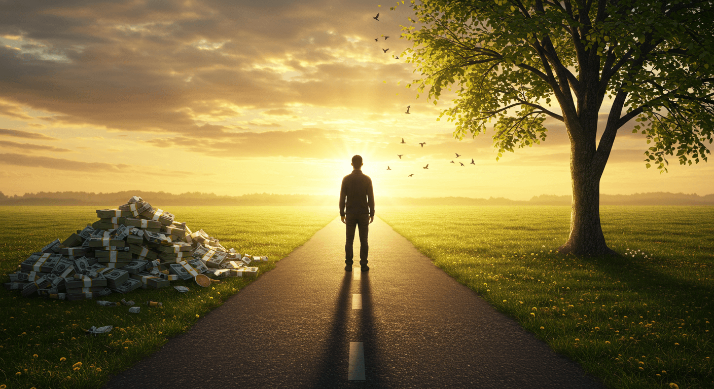 Pessoa diante de uma estrada iluminada pelo nascer do sol, entre dinheiro acumulado e uma árvore, simbolizando escolha entre riqueza e prosperidade. Pessoa diante de uma estrada iluminada pelo nascer do sol, entre dinheiro acumulado e uma árvore, simbolizando escolha entre riqueza e prosperidade.