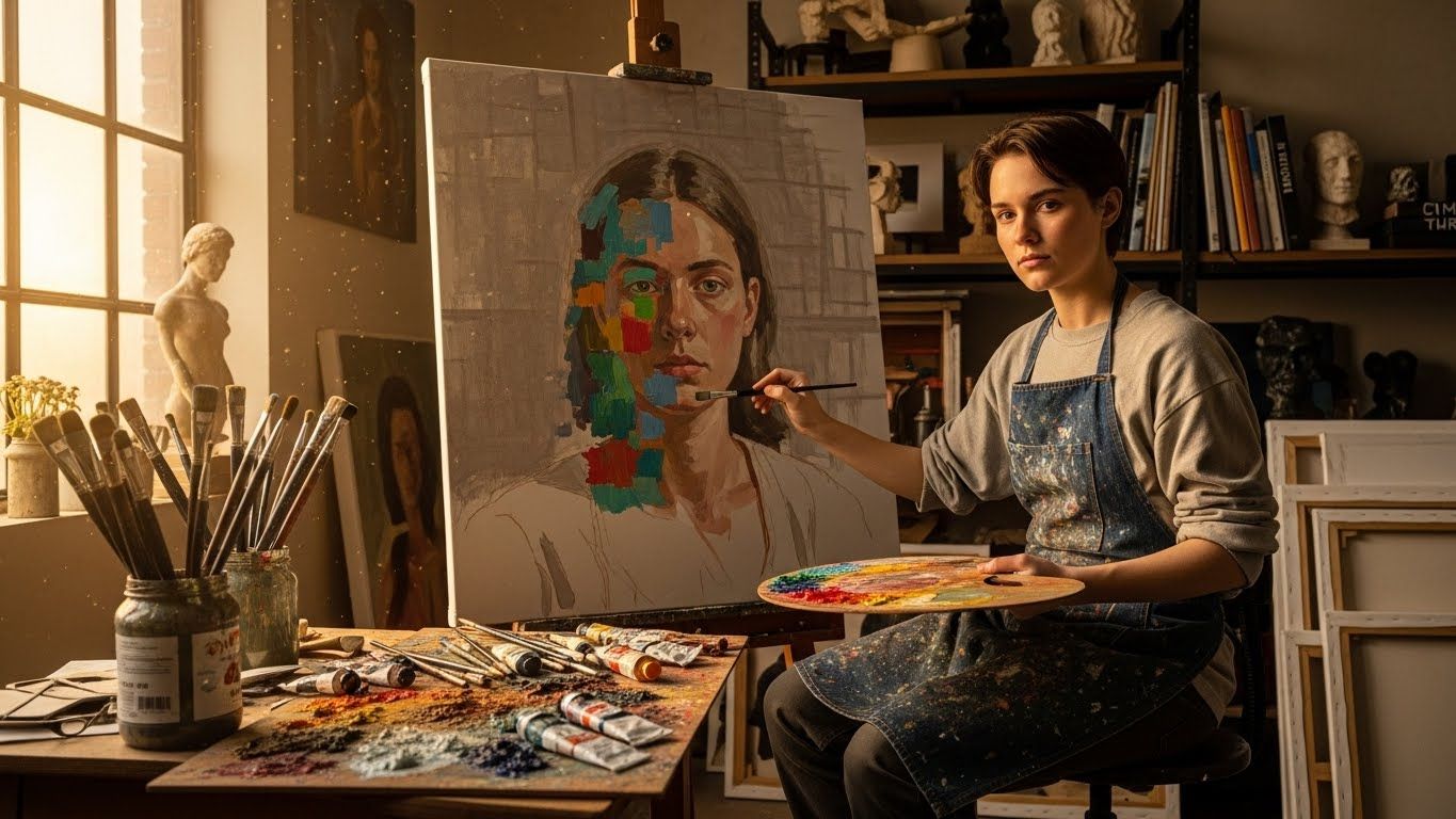 Artista pintando um autorretrato colorido, simbolizando o processo de reencontrar quem se é, reconstruir identidade e recuperar espaço interior dentro de um relacionamento.