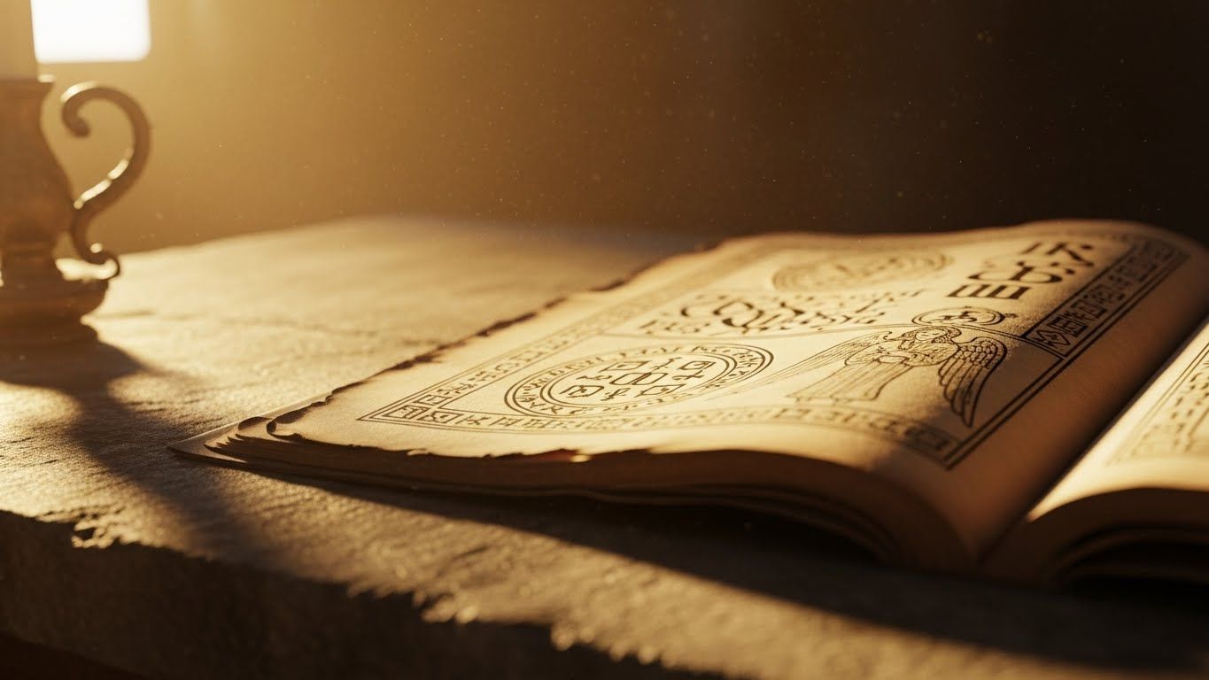Manuscrito antigo aberto sobre uma mesa de pedra, iluminado por luz dourada suave, com símbolos e ilustrações angelicais em páginas envelhecidas.