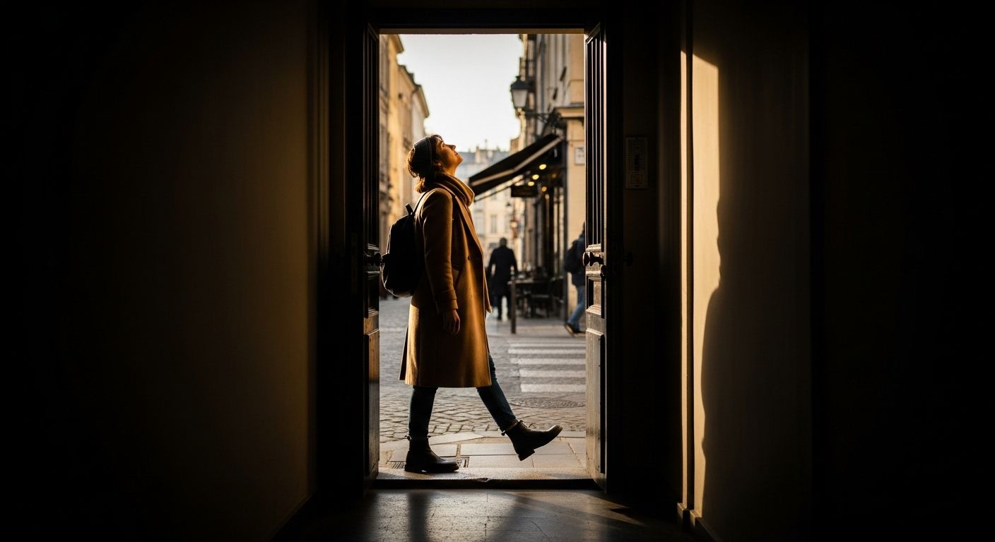 Pessoa atravessando o batente de uma porta escura em direção a uma rua iluminada pelo sol, sugerindo saída de um ciclo ou início de um novo caminho.
