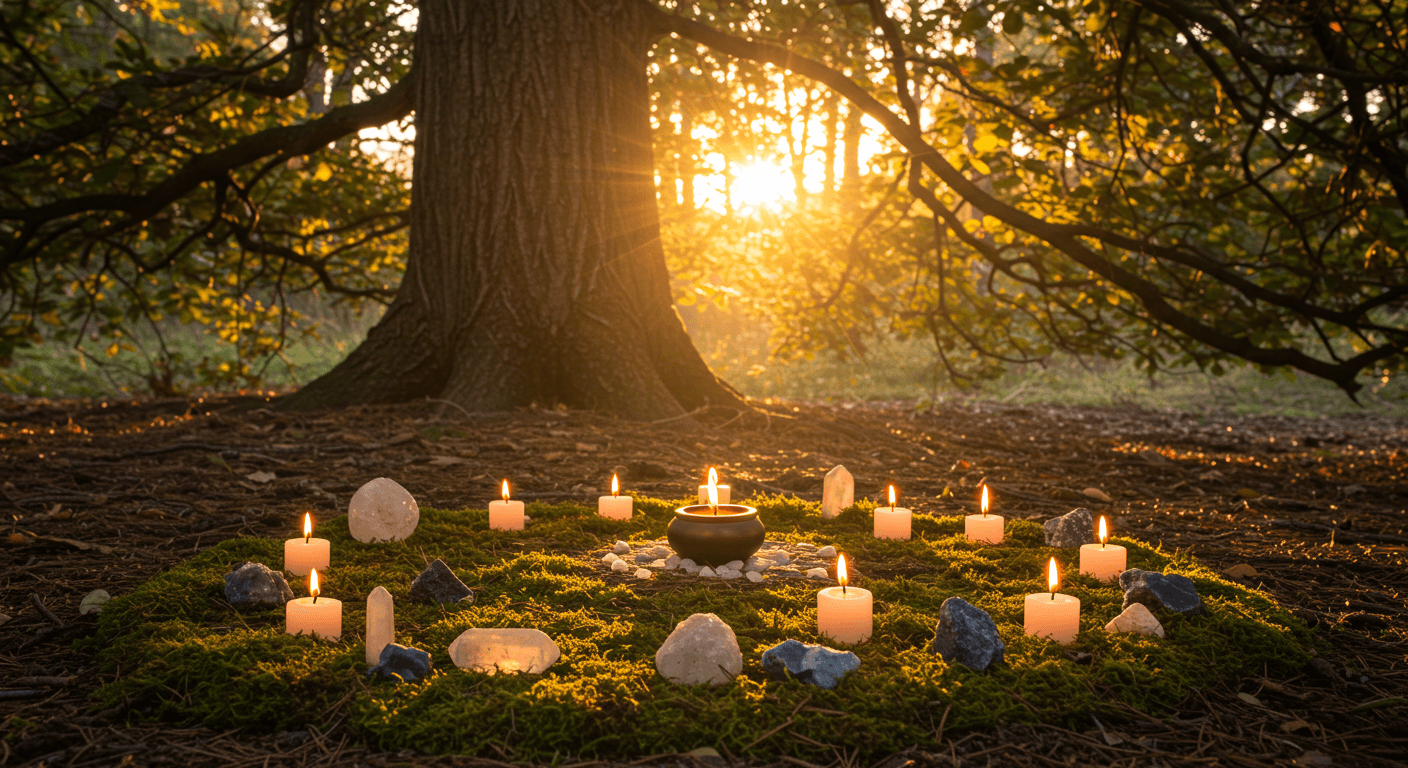 Altar ao ar livre com velas acesas e cristais dispostos em círculo sobre o musgo, sob a luz dourada do pôr do sol.