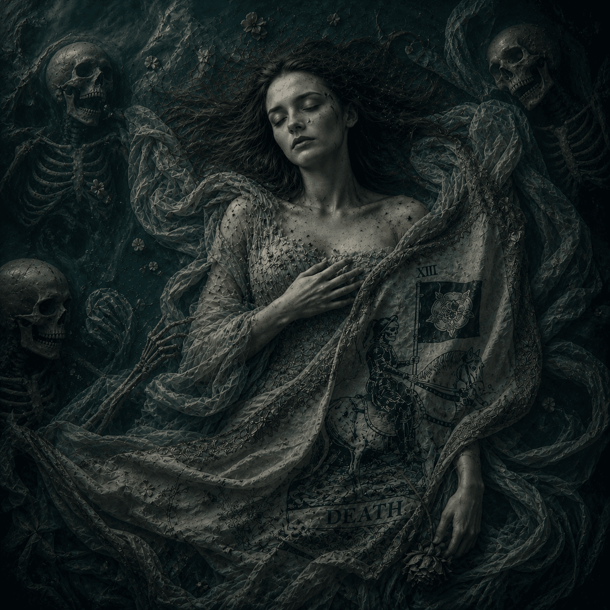 Death and Rebirth — the rider with the white rose and the small sun rising between the towers