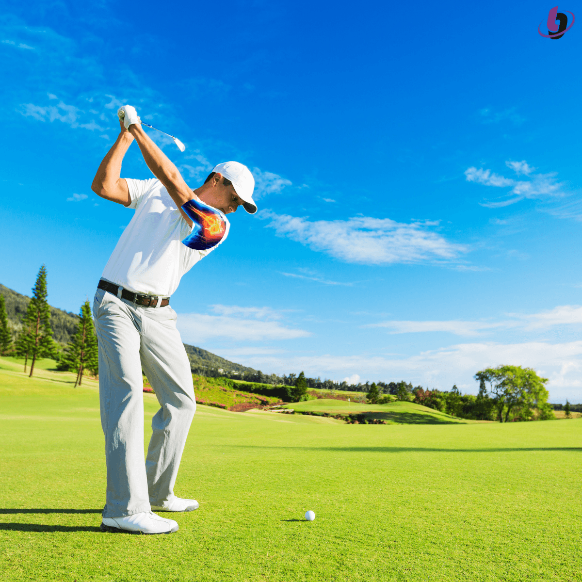 Golfer at the top of the backswing with the shoulder complex highlighted, illustrating how shoulder mobility and upper-body rotation influence power, accuracy, and consistency in the golf swing. Golfer at the top of the backswing with the shoulder complex highlighted, illustrating how shoulder mobility and upper-body rotation influence power, accuracy, and consistency in the golf swing.