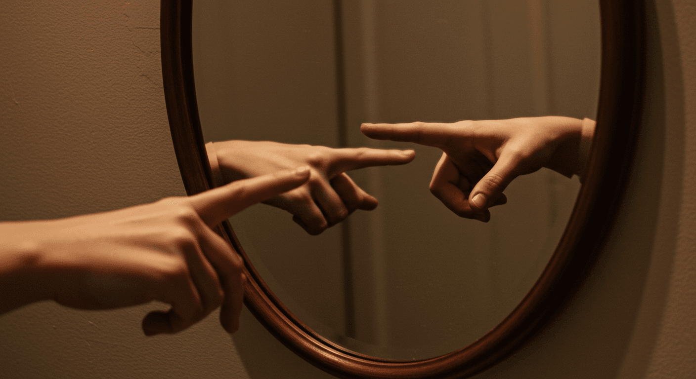 Mão apontando para o espelho, refletindo de volta, simbolizando que críticas retornam para quem as faz.