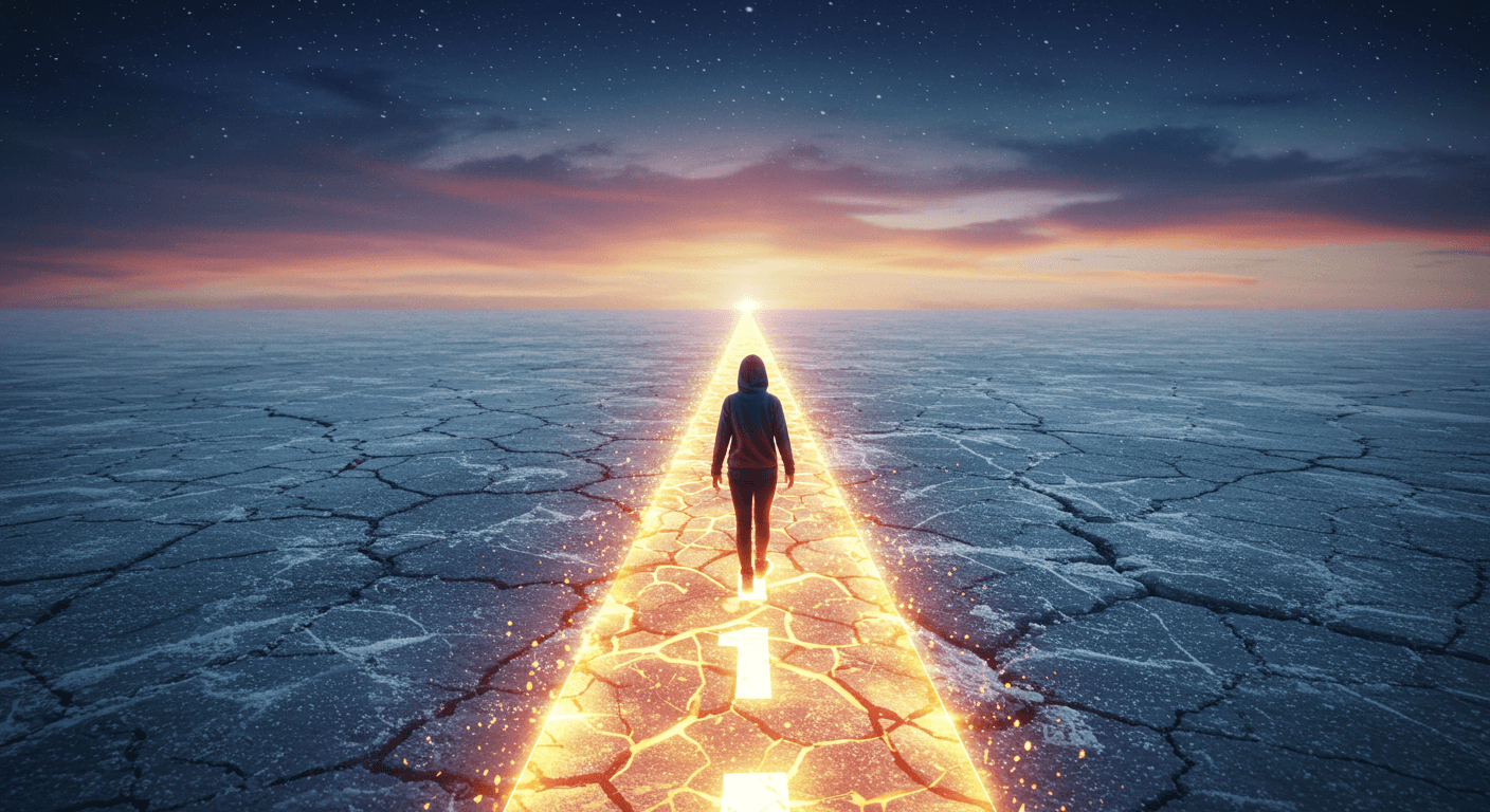 Pessoa caminhando em um solo rachado e congelado, seguindo uma trilha luminosa em direção ao horizonte, simbolizando ação e esperança.
