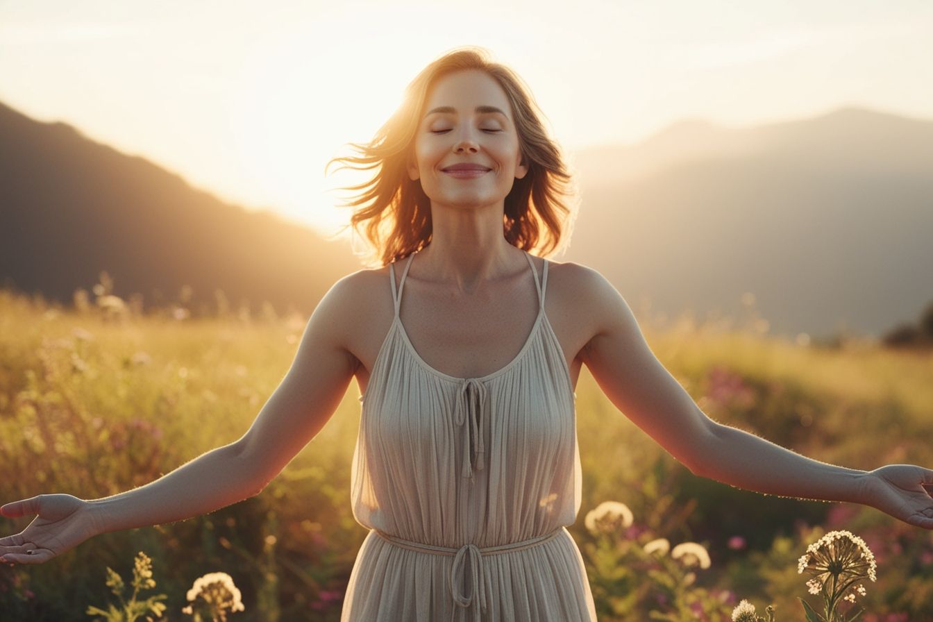 Mulher serena em um campo ao pôr do sol, de olhos fechados e braços abertos, expressando plenitude, equilíbrio e autoconfiança.
