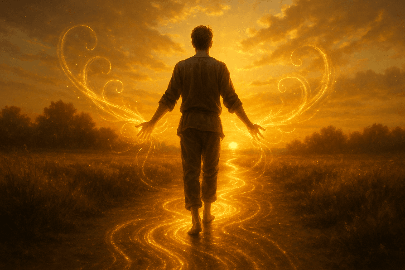 Pessoa caminhando descalça por um caminho de luz dourada ao nascer do sol, simbolizando libertação de bloqueios, reconexão com a abundância e atravessar o portal da transformação.