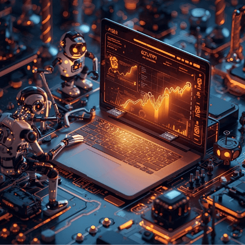 AI powered tools with AI bots working on a laptop computer AI powered tools with AI bots working on a laptop computer