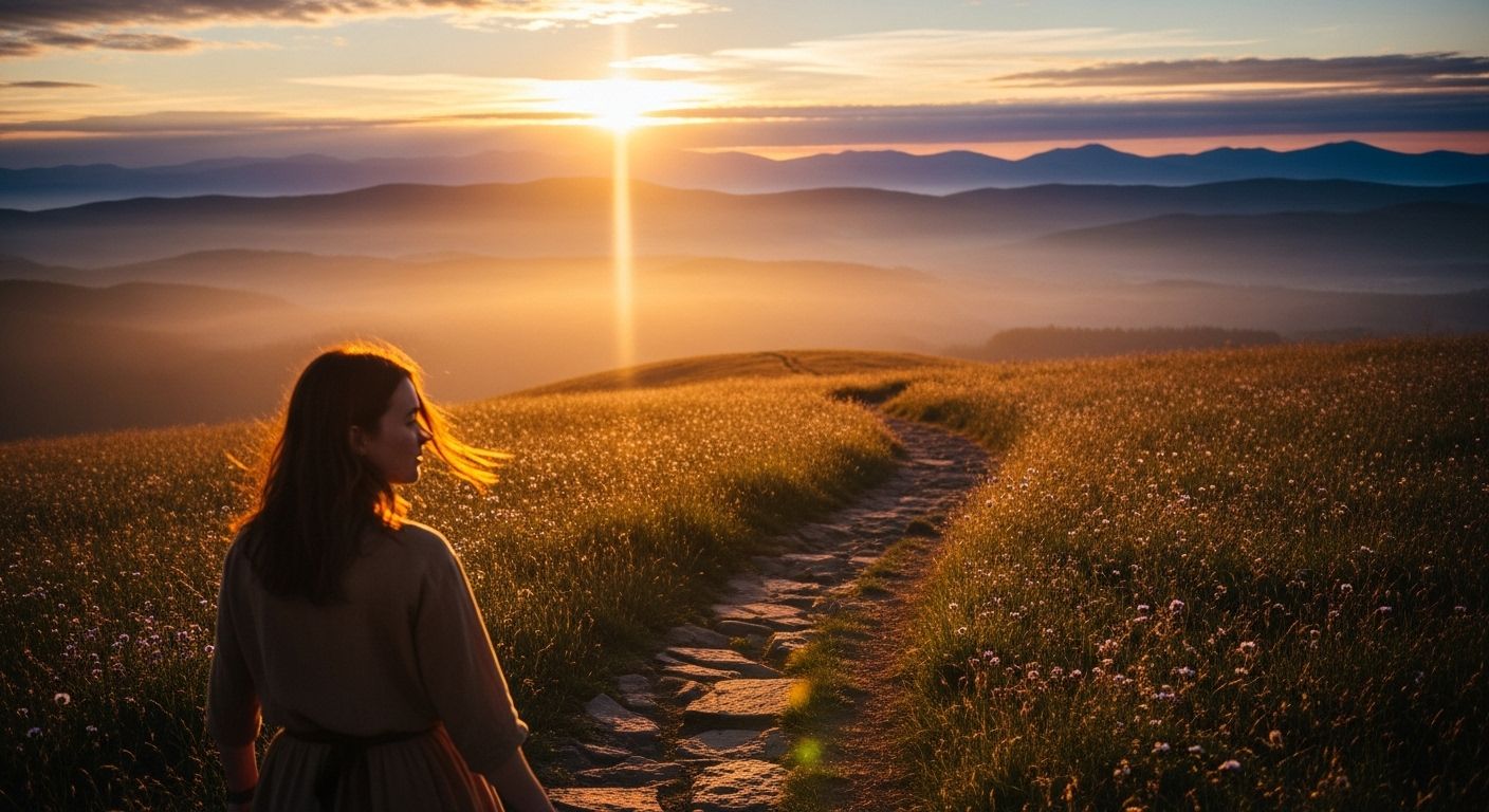 Pessoa caminhando ao nascer do sol com o vento no rosto, simbolizando a transformação e o renascimento após a energia do Portal 11/11. Pessoa caminhando ao nascer do sol com o vento no rosto, simbolizando a transformação e o renascimento após a energia do Portal 11/11.