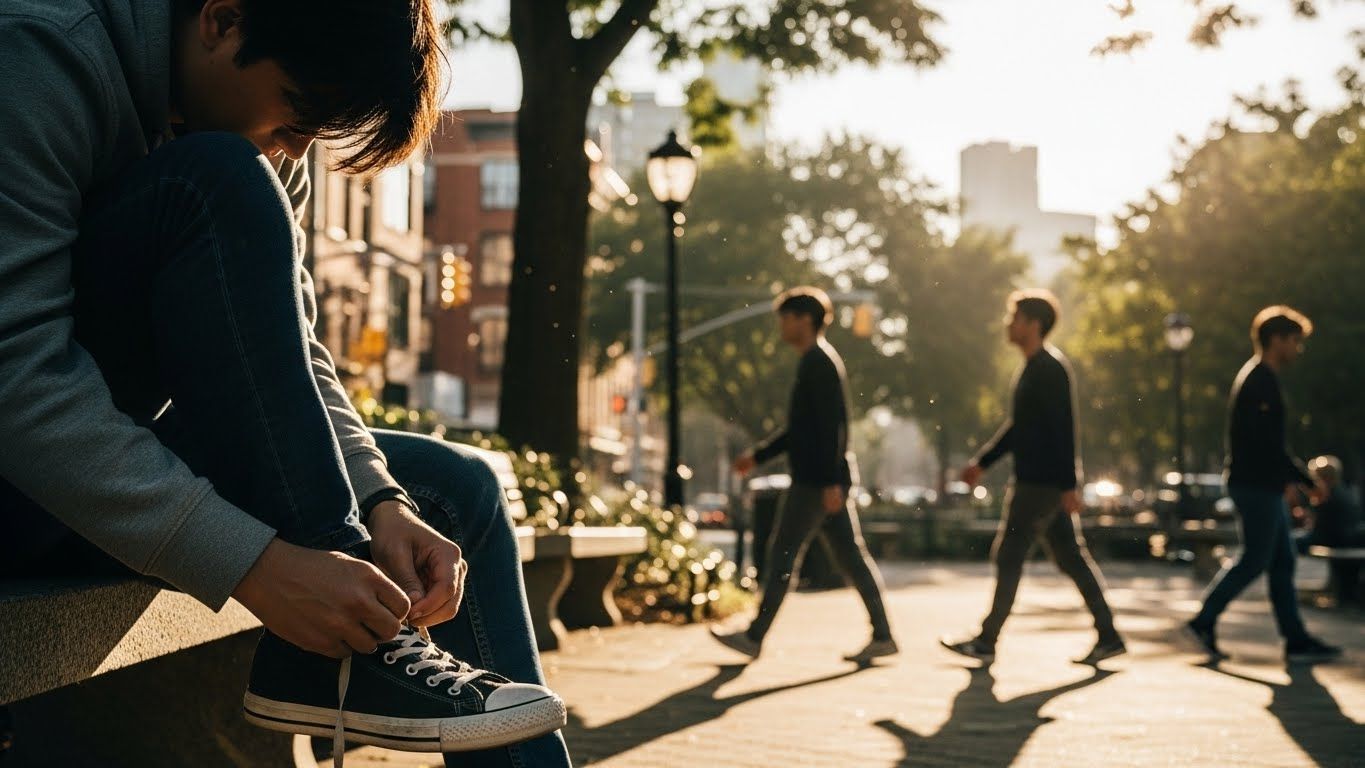 Pessoa sentada amarrando o tênis enquanto outras caminham ao fundo, ilustrando o impacto de mudar um único hábito e seguir um ritmo próprio, sem comparação ou pressa.