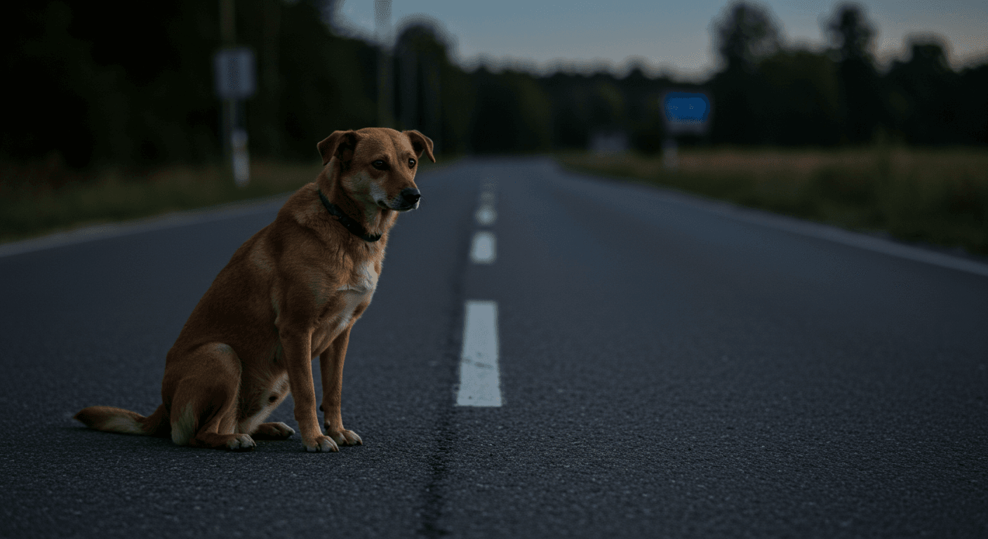 Cão solitário sentado no meio da estrada ao entardecer, imagem que simboliza abandono, tristeza e descaso humano com os animais.