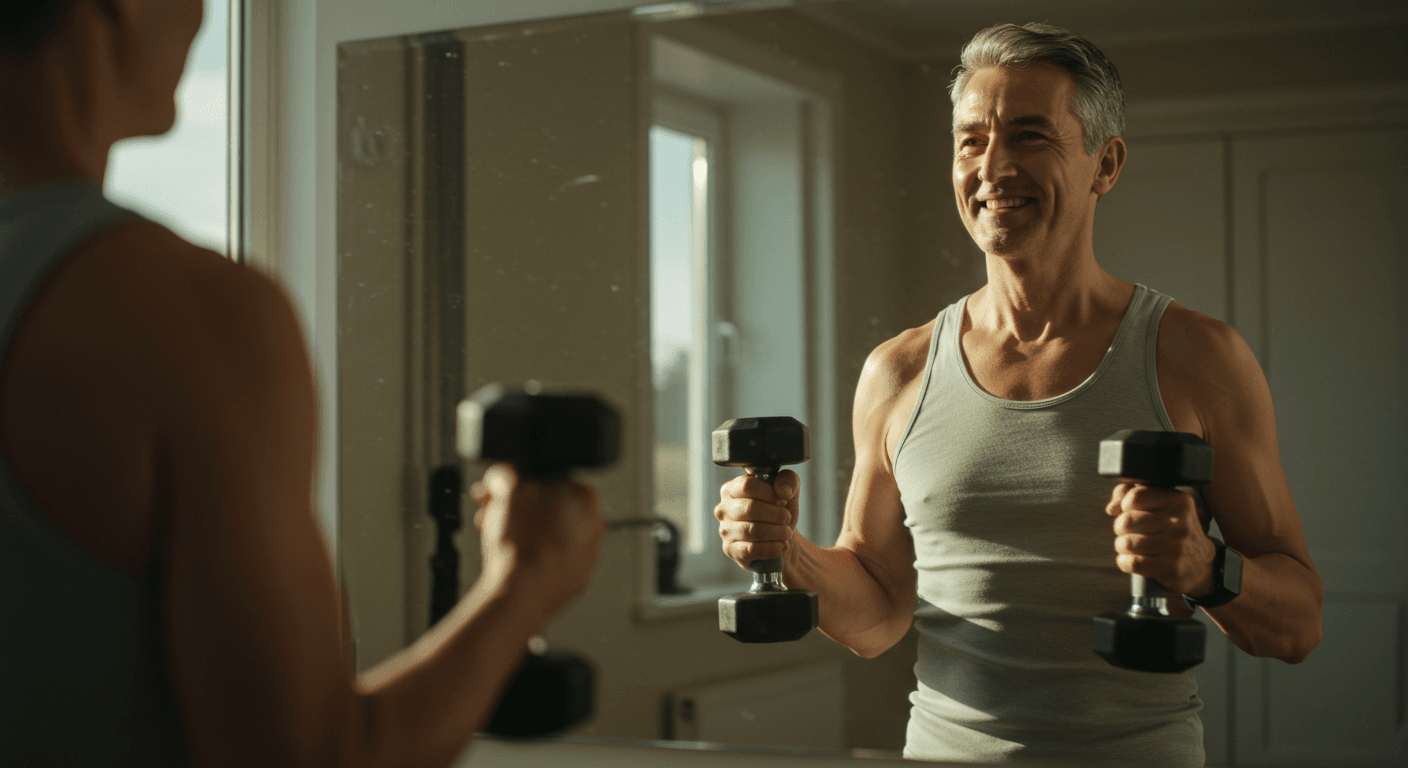 Homem de meia-idade sorrindo enquanto segura halteres diante do espelho, treinando com leveza em um ambiente iluminado e tranquilo. Homem de meia-idade sorrindo enquanto segura halteres diante do espelho, treinando com leveza em um ambiente iluminado e tranquilo.