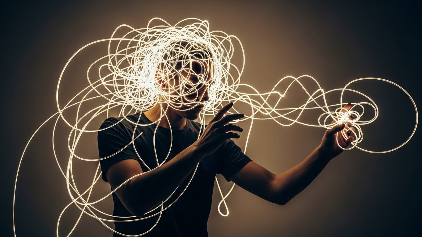 Pessoa em pé com fios de luz envolvendo a cabeça e o corpo, simbolizando pensamentos intensos, padrões mentais repetitivos e a complexidade do comportamento humano. Pessoa em pé com fios de luz envolvendo a cabeça e o corpo, simbolizando pensamentos intensos, padrões mentais repetitivos e a complexidade do comportamento humano.