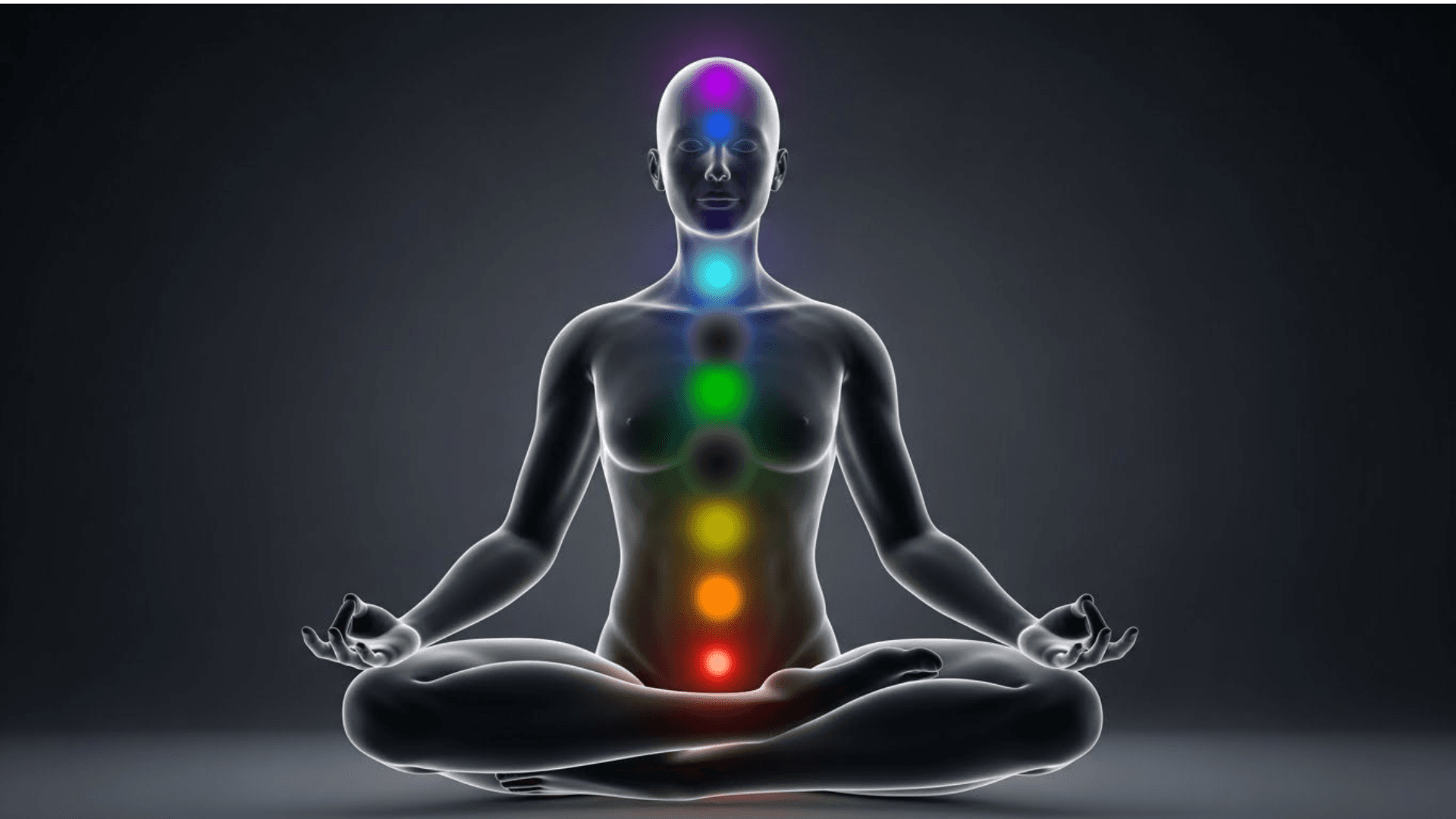 Figura humana sentada em posição de meditação com pontos luminosos coloridos alinhados no corpo, simbolizando equilíbrio energético e integração corpo e mente.
