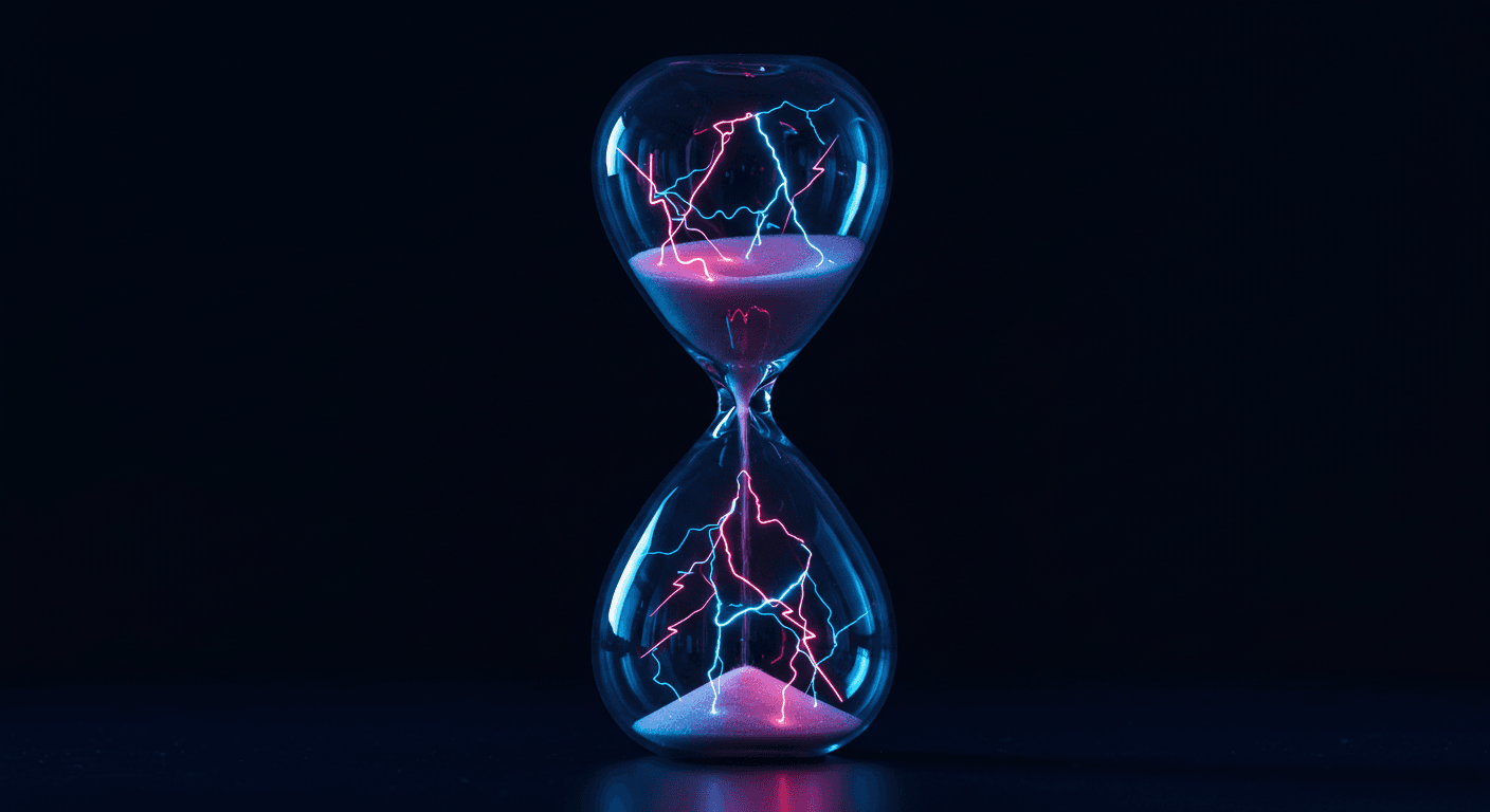 Ampulheta de vidro com areia e relâmpagos em tons neon azul e rosa em seu interior, representando tensão e sobrecarga mental.