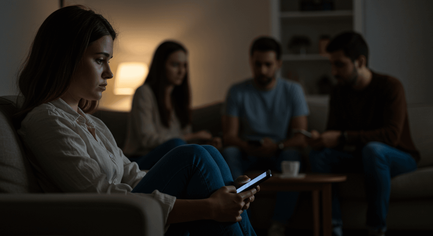 Mulher sentada sozinha em um sofá, olhando para o celular com expressão triste, enquanto três pessoas conversam ao fundo, simbolizando isolamento em um relacionamento tóxico.
