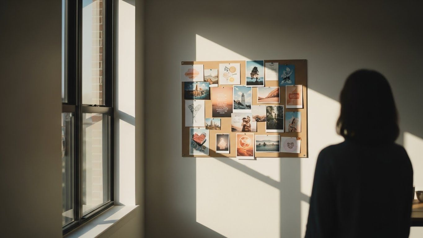 Pessoa observando um quadro dos sonhos fixado na parede, com imagens de viagens, natureza e momentos simbólicos, iluminado pela luz natural que entra pela janela.