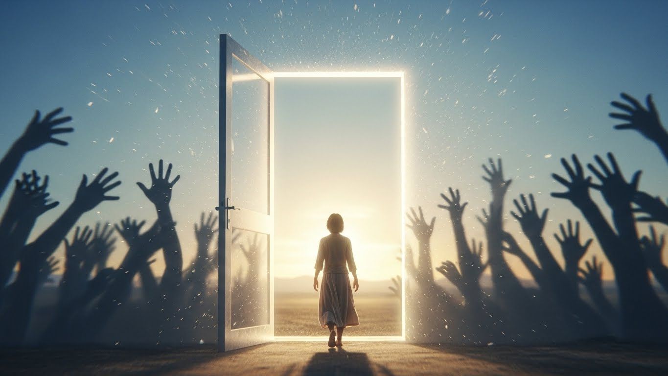 Pessoa caminha em direção a um portal luminoso cercado por sombras de mãos, indicando vínculos e padrões que dificultam o avanço. Pessoa caminha em direção a um portal luminoso cercado por sombras de mãos, indicando vínculos e padrões que dificultam o avanço.