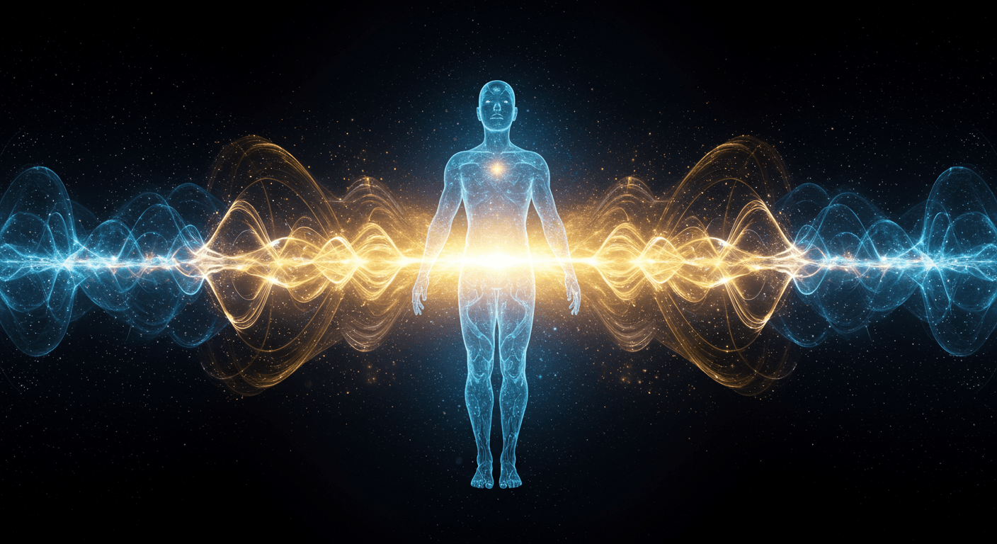 Figura humana luminosa rodeada por ondas douradas e azuis, simbolizando frequência vibracional e energia interior em equilíbrio.