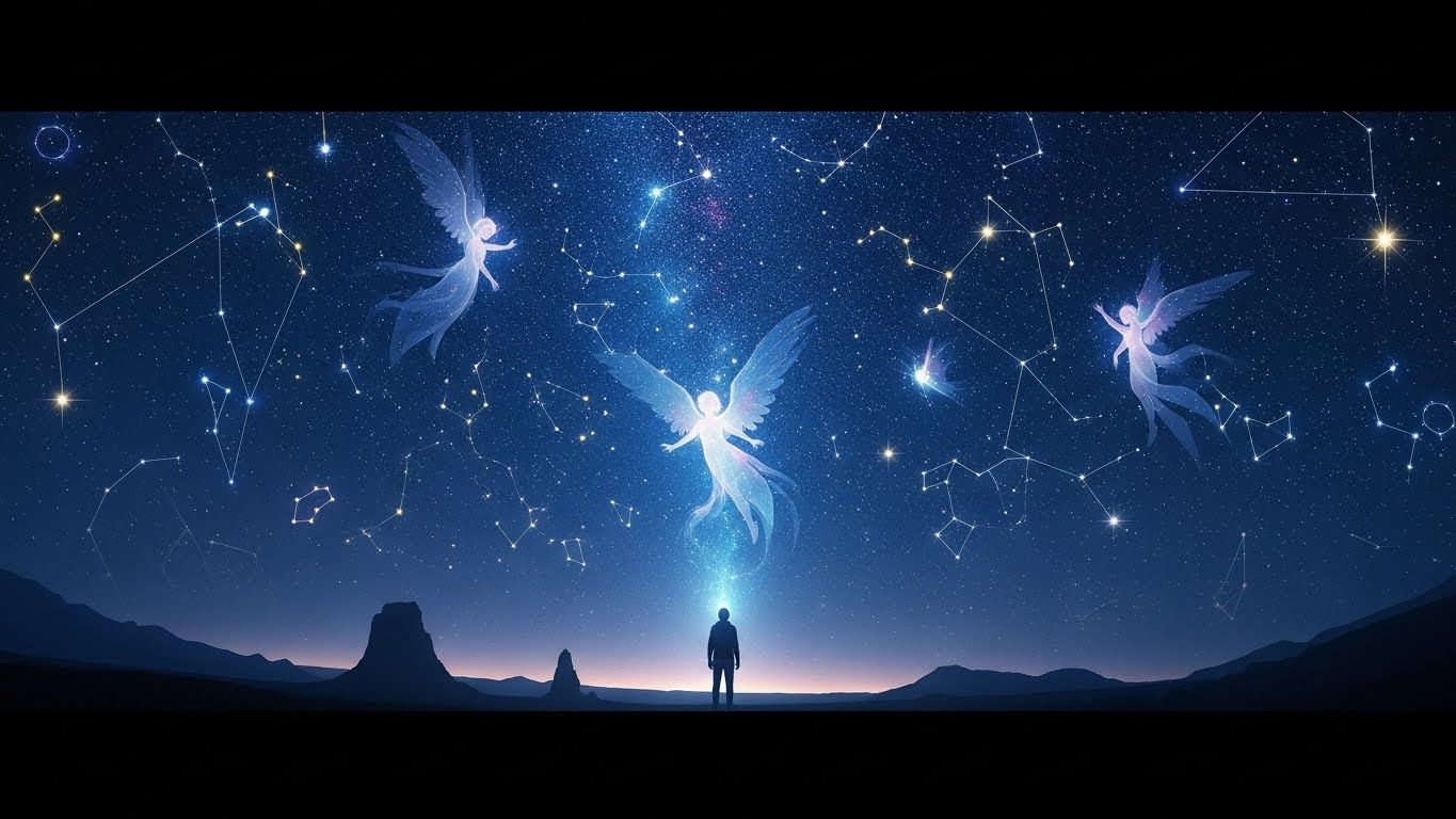 Pessoa observando o céu noturno estrelado, com constelações visíveis e formas angelicais luminosas surgindo no espaço, criando uma atmosfera de mistério e descoberta espiritual.