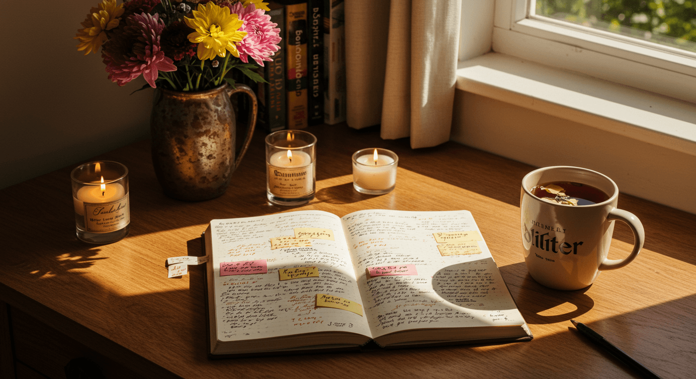 Mesa com diário aberto repleto de anotações, xícara de chá, velas acesas e vaso com flores ao lado da janela.