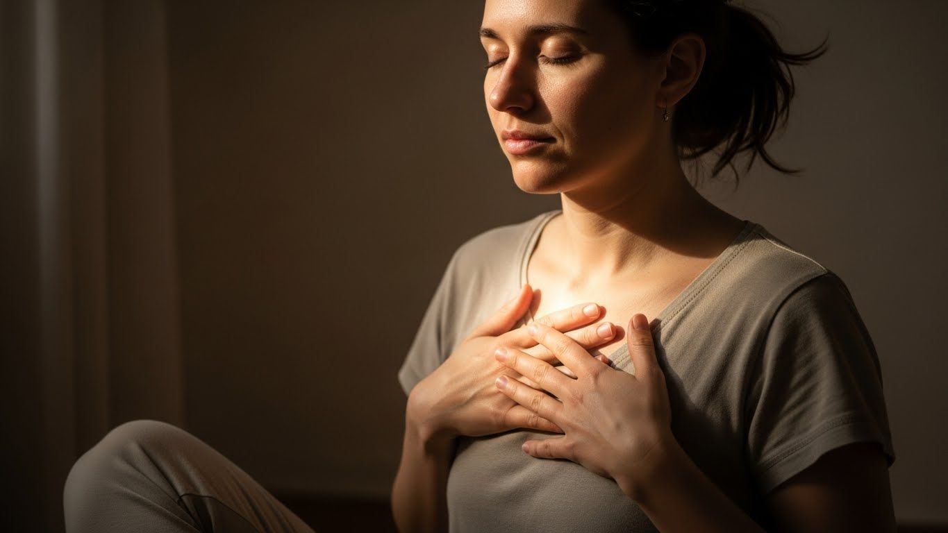 Mulher sentada com olhos fechados e mãos sobre o peito, em postura de calma e introspecção, com iluminação suave que transmite segurança e autorregulação emocional. Mulher sentada com olhos fechados e mãos sobre o peito, em postura de calma e introspecção, com iluminação suave que transmite segurança e autorregulação emocional.
