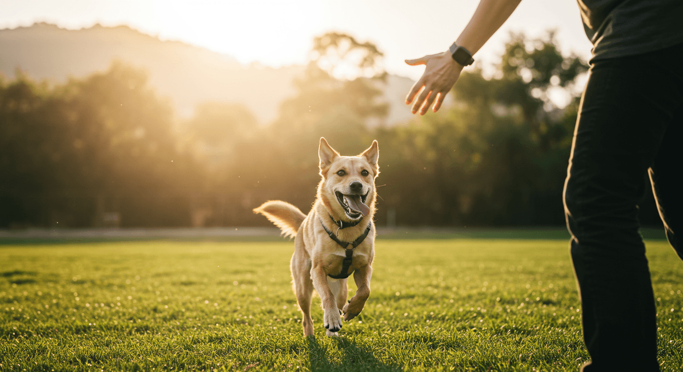 Cão resgatado correndo alegre em campo verde em direção ao tutor, representando liberdade, esperança e novos começos.