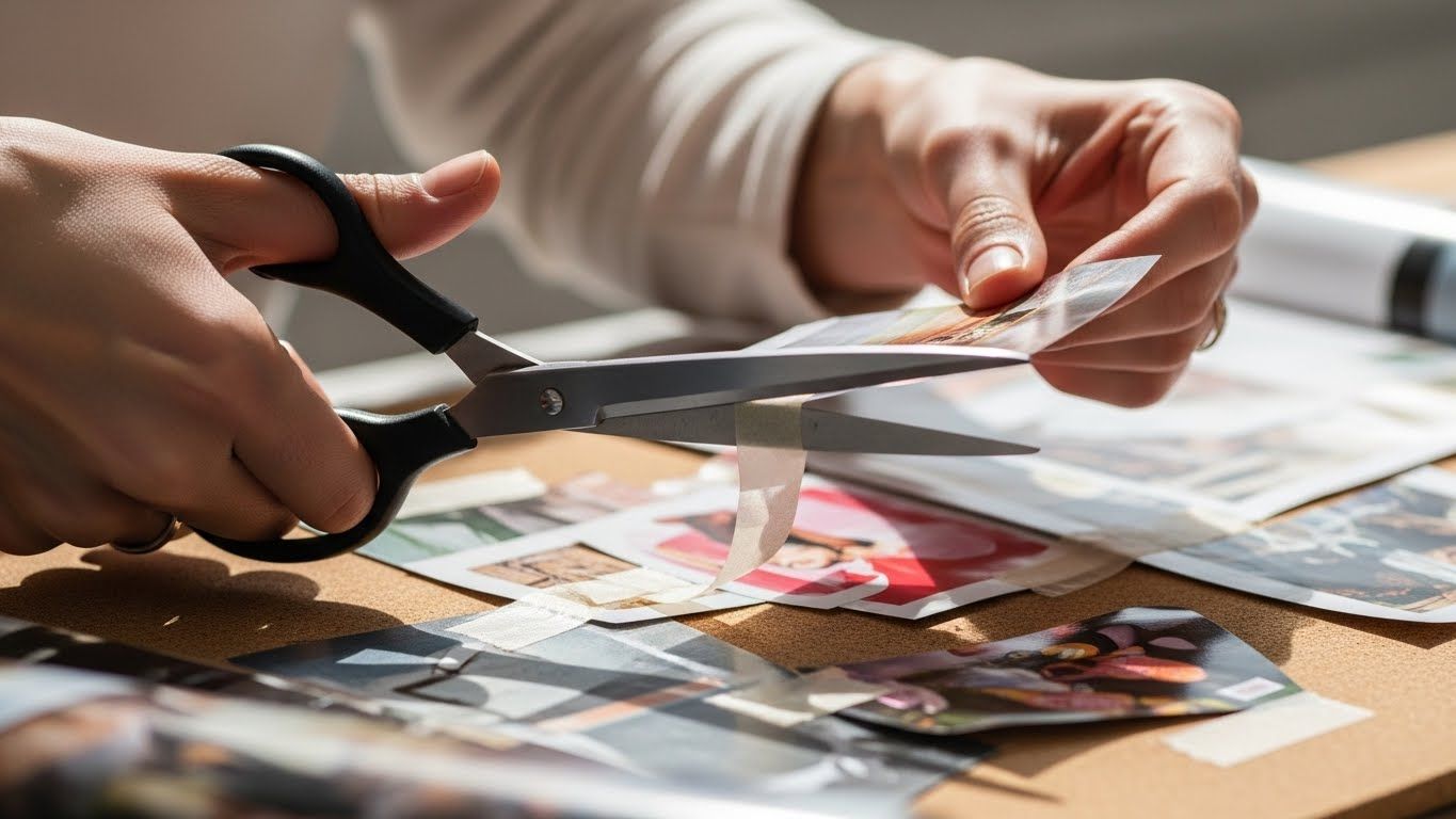 Mãos recortando imagens de revistas sobre uma mesa, com tesoura e fotos espalhadas, representando o processo consciente de criação de um quadro dos sonhos.