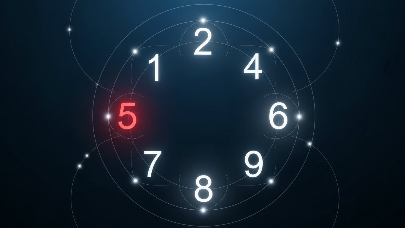 Números de 1 a 9 dispostos em forma circular sobre fundo escuro, com destaque em vermelho, representando ciclos, numerologia e o ano pessoal.