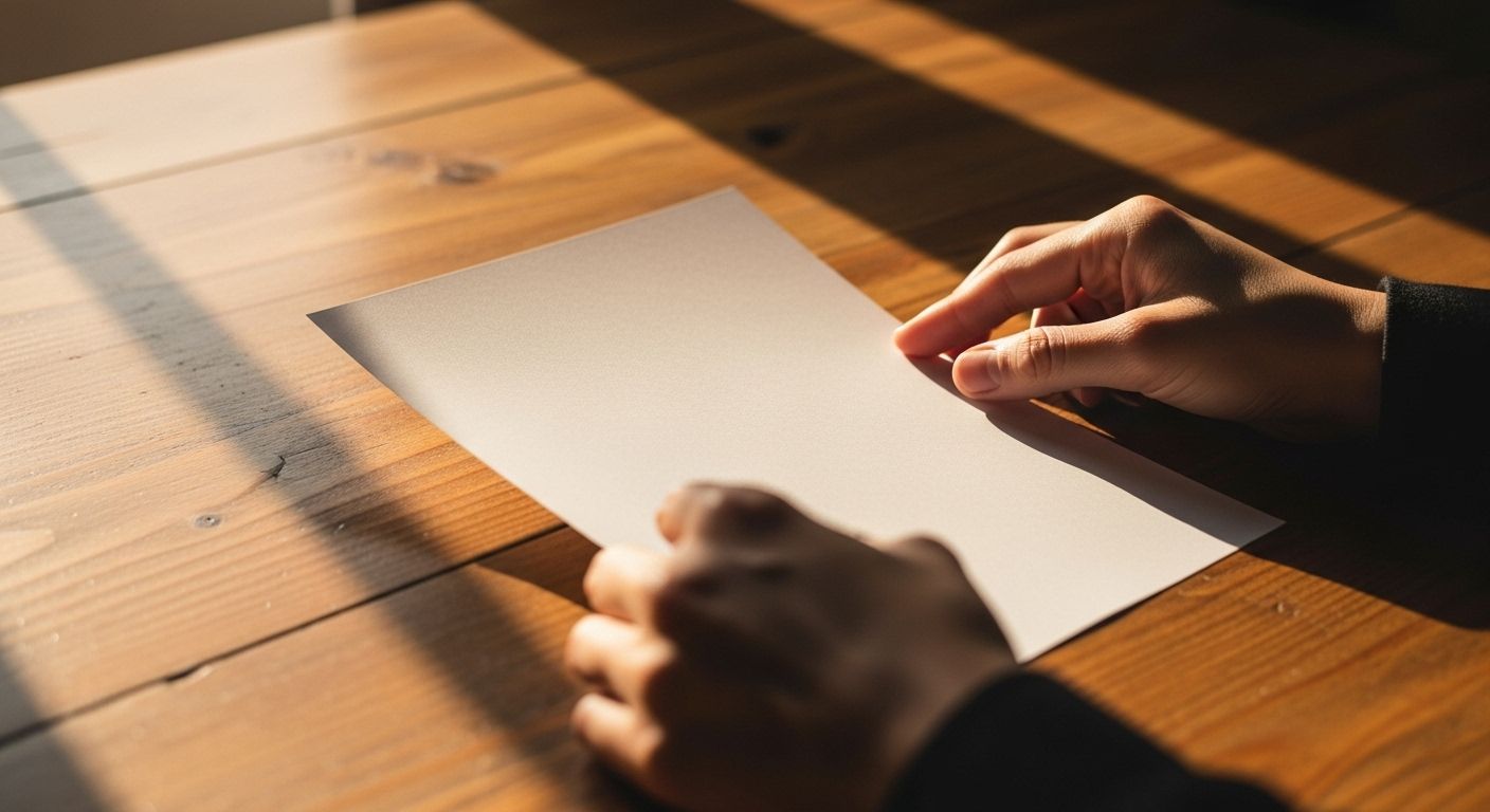 Mãos segurando uma folha de papel em branco sobre uma mesa iluminada, simbolizando novos começos e intenção para o ciclo lunar.