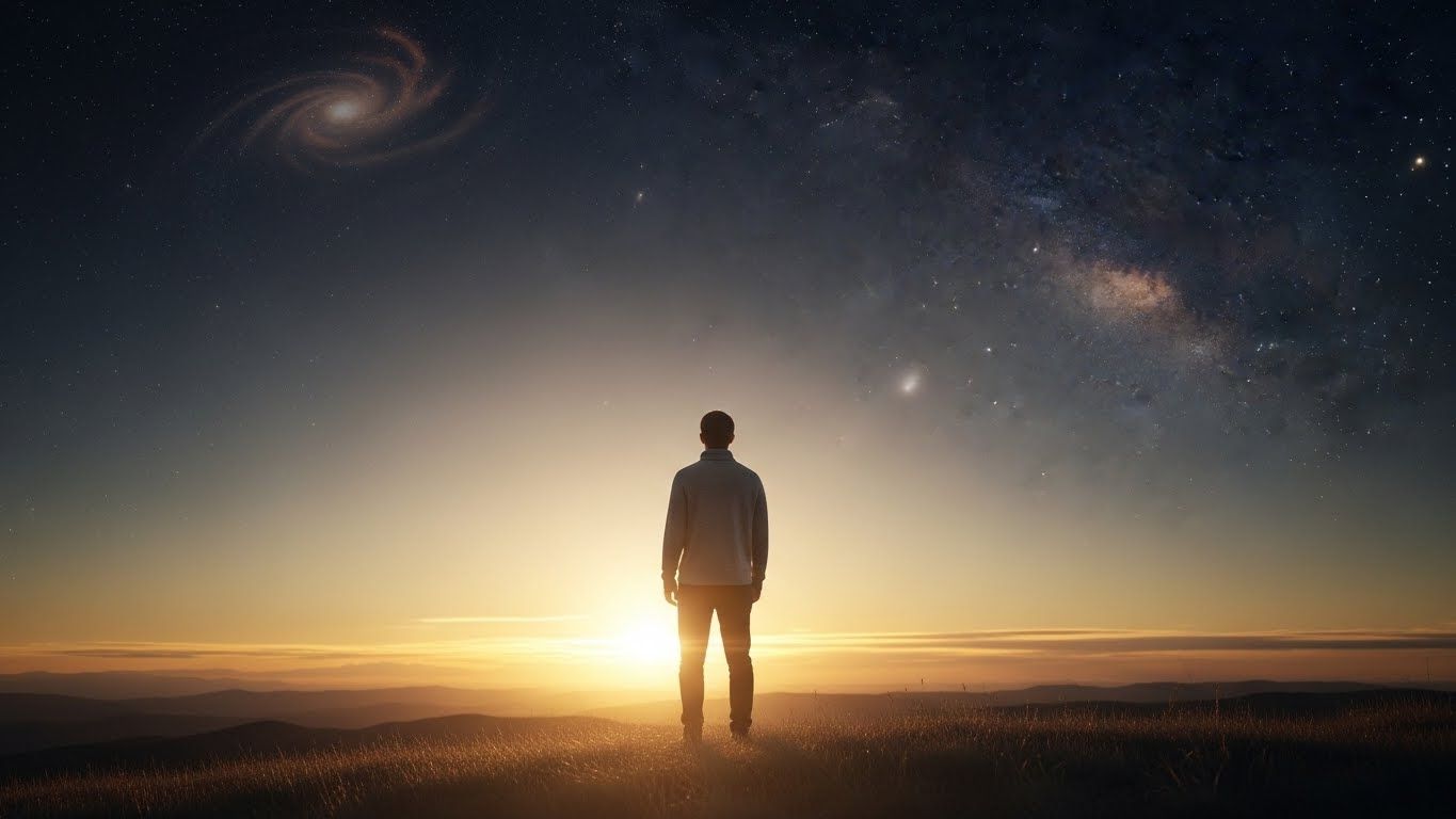 Pessoa vista de costas em um campo ao amanhecer, observando o sol nascer no horizonte, céu estrelado com galáxias visíveis, simbolizando início de ciclo, consciência e conexão com o universo.