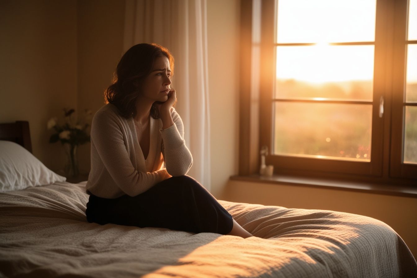 Mulher sentada na cama ao pôr do sol, com expressão de tristeza e reflexão sobre a vida e os relacionamentos.