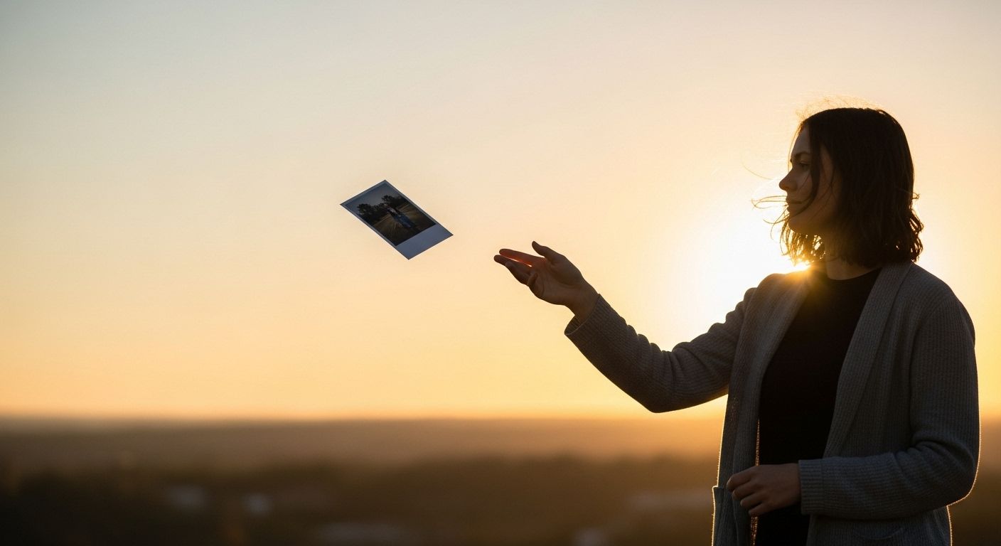 Mulher soltando uma fotografia ao vento ao pôr do sol, simbolizando desapego, libertação emocional e abertura para novos começos em 2026. Mulher soltando uma fotografia ao vento ao pôr do sol, simbolizando desapego, libertação emocional e abertura para novos começos em 2026.